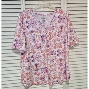 Croft & Barrow Womens Purple Orange Floral Paisley V-Neck Short Sleeve Top Large